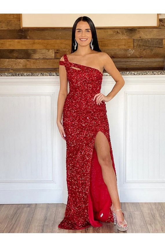 Online One Shoulder Sleeveless Long Sweep Train Velvet Sequin Prom Dress UK