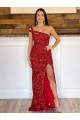 Online One Shoulder Sleeveless Long Sweep Train Velvet Sequin Prom Dress UK