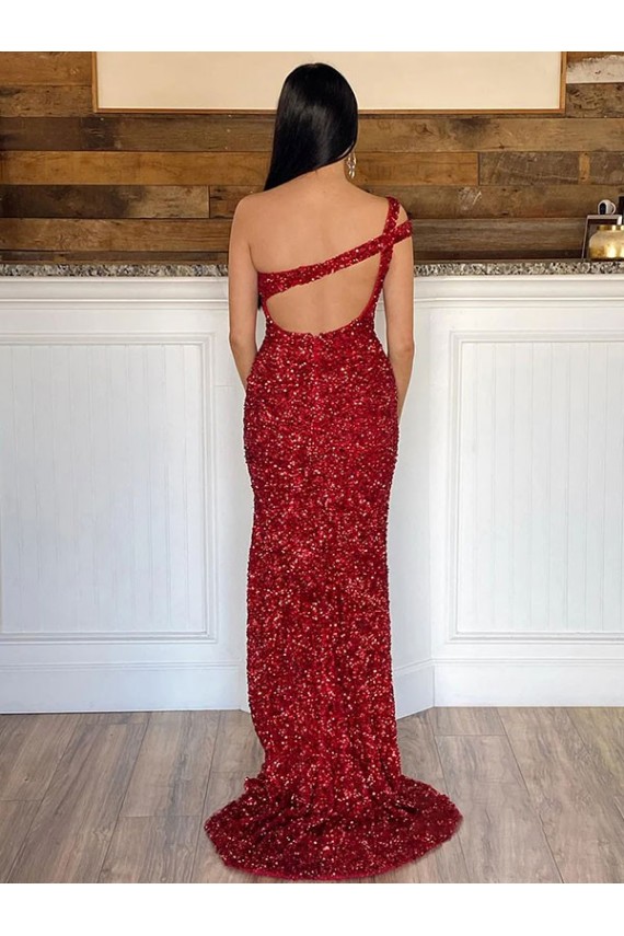 Online One Shoulder Sleeveless Long Sweep Train Velvet Sequin Prom Dress UK