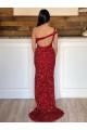 Online One Shoulder Sleeveless Long Sweep Train Velvet Sequin Prom Dress UK