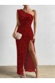 Online One Shoulder Sleeveless Long Floor Length Velvet Sequin Prom Dress with Slit UK