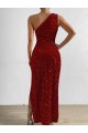 Online One Shoulder Sleeveless Long Floor Length Velvet Sequin Prom Dress with Slit UK