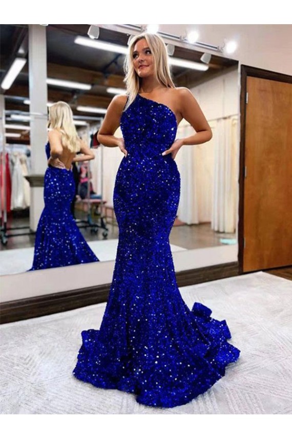 Online Mermaid One Shoulder Open Back Long Sweep Train Velvet Sequin Prom Dress UK