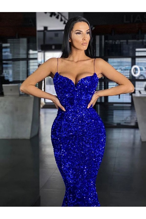 Online Mermaid Spaghetti Straps Sleeveless Long Sweep Train Velvet Sequin Prom Dress UK