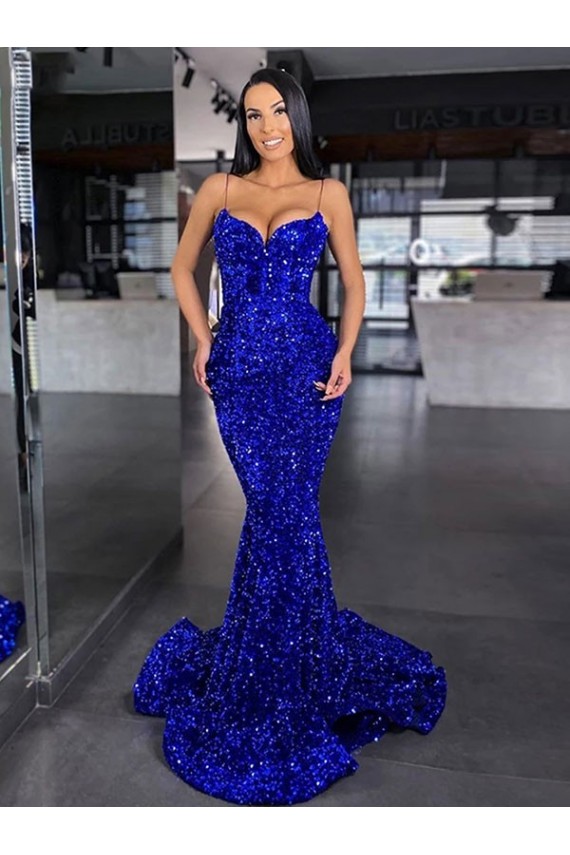 Online Mermaid Spaghetti Straps Sleeveless Long Sweep Train Velvet Sequin Prom Dress UK