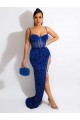 Online Long Sweep Train Spaghetti Straps Sleeveless Velvet Sequin Prom Dress with Slit UK