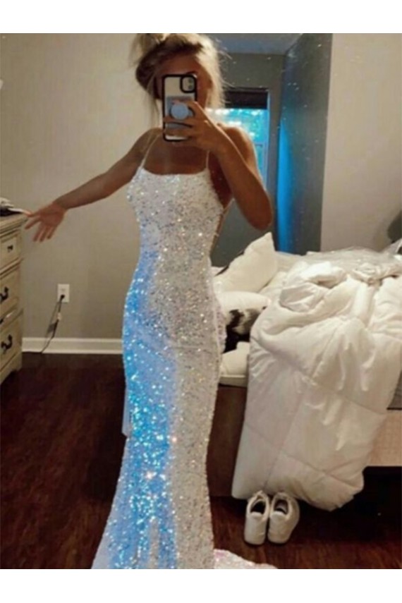 Online Long Spaghetti Straps Sleeveless Sweep Train Velvet Sequin Prom Dress UK