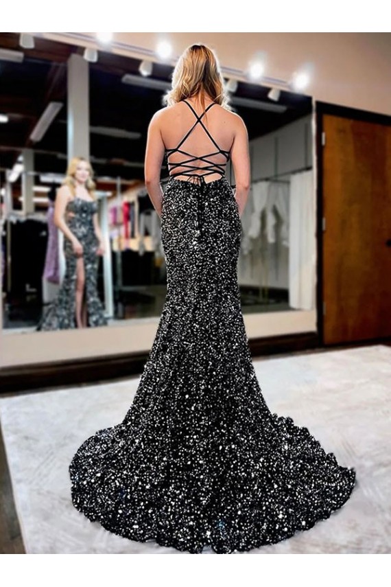 Online Spaghetti Straps Sleeveless Long Sweep Train Velvet Sequin Prom Dress UK