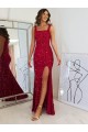 Online Square Neck Sleeveless Long Velvet Sequin Prom Dress with Slit UK