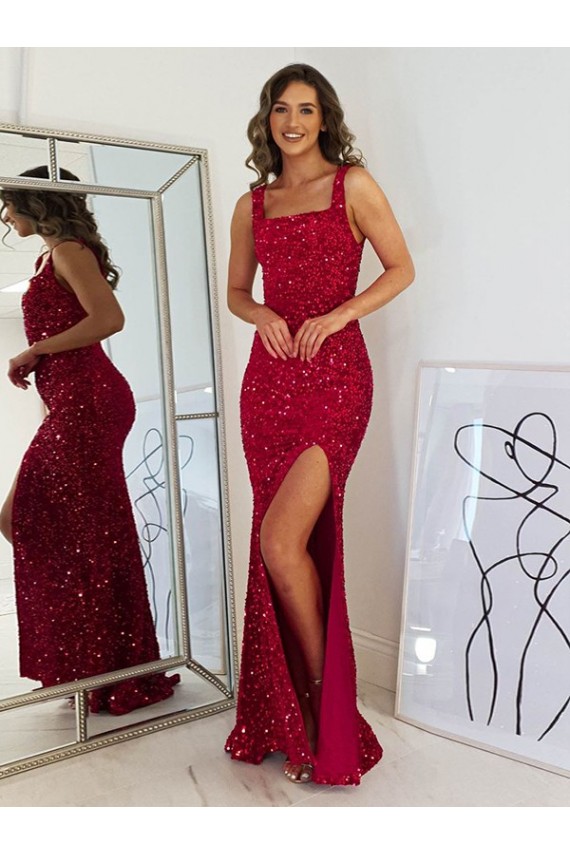 Online Square Neck Sleeveless Long Velvet Sequin Prom Dress with Slit UK