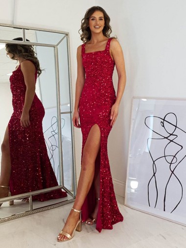 Online Square Neck Sleeveless Long Velvet Sequin Prom Dress with Slit UK