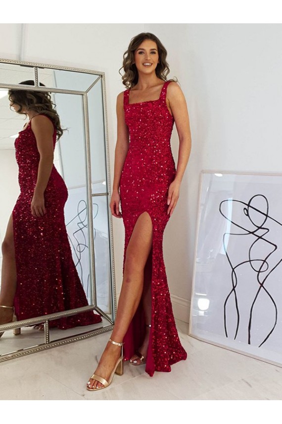Online Square Neck Sleeveless Long Velvet Sequin Prom Dress with Slit UK
