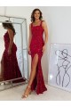 Online Square Neck Sleeveless Long Velvet Sequin Prom Dress with Slit UK