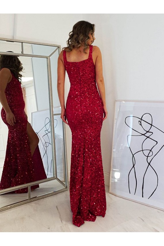 Online Square Neck Sleeveless Long Velvet Sequin Prom Dress with Slit UK