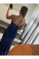 Online Strapless Sleeveless Long Sweep Train Velvet Sequin Prom Dress with Side Slit UK