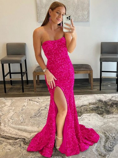 Online Strapless Sleeveless Long Sweep Train Velvet Sequin Prom Dress with Side Slit UK