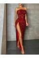 Online Strapless Sleeveless Long Floor Length Velvet Sequin Prom Dress High Side Slit UK