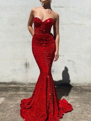 Online Mermaid Sweetheart Sleeveless Long Court Train Velvet Sequin Prom Dress UK