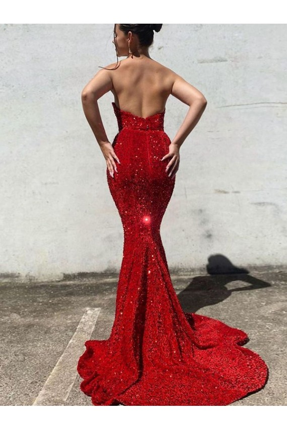 Online Mermaid Sweetheart Sleeveless Long Court Train Velvet Sequin Prom Dress UK