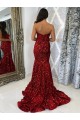 Online Sweetheart Sleeveless Long Court Train Velvet Sequin Prom Dress UK