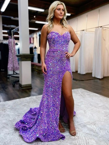 Online A-Line Sweetheart Sleeveless Long Velvet Sequin Prom Dress with Slit UK