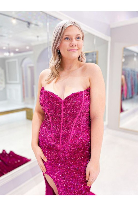Online Long Sweetheart Sleeveless Sweep Train Velvet Sequin Prom Dress with Slit UK