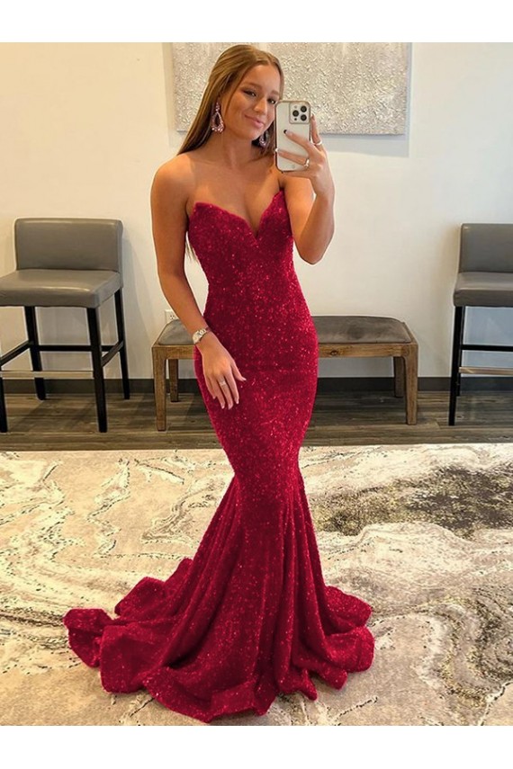 Online Sweetheart Sleeveless Long Sweep Train Velvet Sequin Prom Dress UK