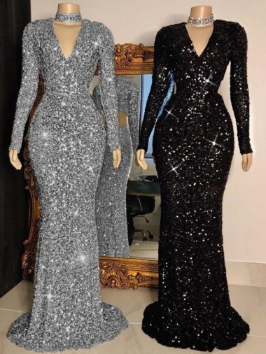 Online V-Neck Long Sleeves Long Sweep Train Velvet Sequin Prom Dress UK
