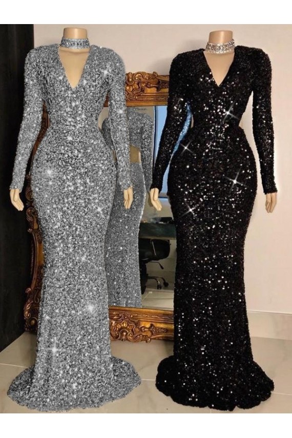 Online V-Neck Long Sleeves Long Sweep Train Velvet Sequin Prom Dress UK