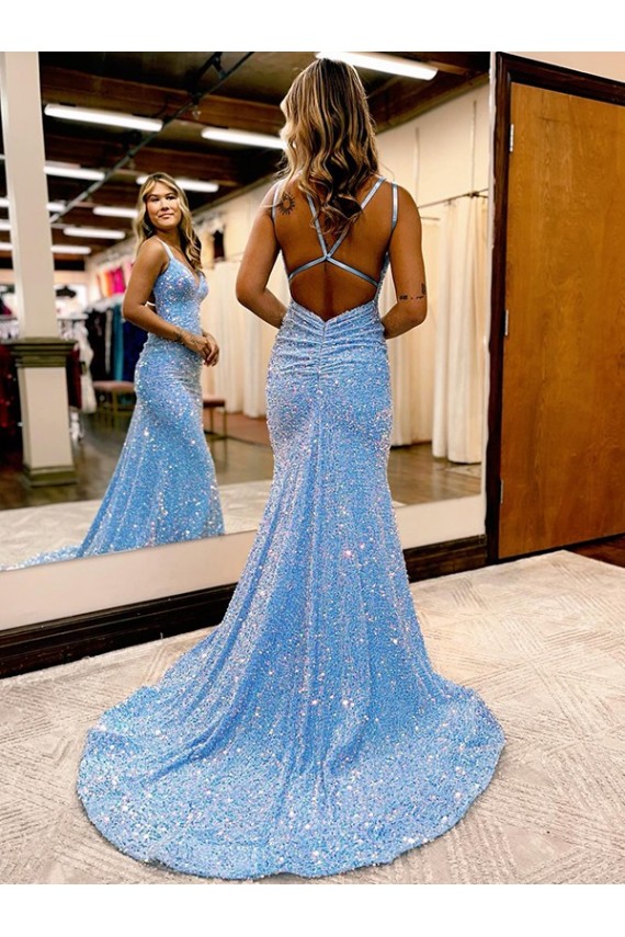 Online Criss Cross Open Back V-Neck Sleeveless Long Velvet Sequin Prom Dress UK