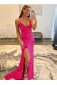 Online Velvet Sequin Long V-Neck Sleeveless Sweep Train Prom Dress with Slit UK