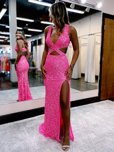 Online Long V-Neck Sleeveless Sweep Train Velvet Sequin Prom Dress with High Slit UK