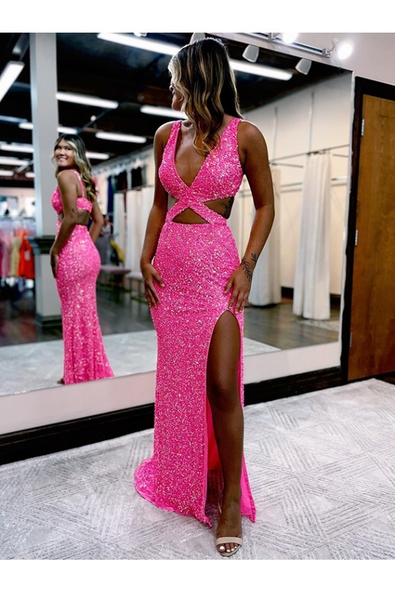 Online Long V-Neck Sleeveless Sweep Train Velvet Sequin Prom Dress with High Slit UK