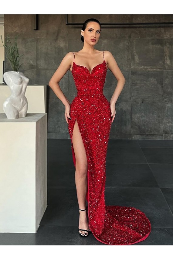 Online V-Neck Sleeveless Long Sweep Train Velvet Sequin Prom Dress with High Side Slit UK