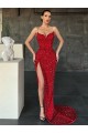 Online V-Neck Sleeveless Long Sweep Train Velvet Sequin Prom Dress with High Side Slit UK