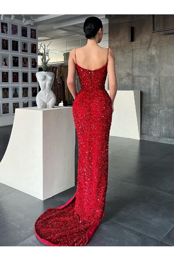 Online V-Neck Sleeveless Long Sweep Train Velvet Sequin Prom Dress with High Side Slit UK