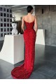 Online V-Neck Sleeveless Long Sweep Train Velvet Sequin Prom Dress with High Side Slit UK