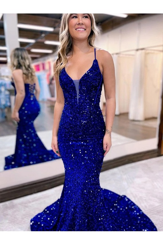 Online Mermaid V-Neck Sleeveless Long Court Train Velvet Sequin Prom Dress UK