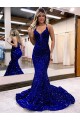 Online Mermaid V-Neck Sleeveless Long Court Train Velvet Sequin Prom Dress UK