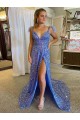 Online A-Line V-Neck Sleeveless Long Court Train Velvet Sequin Prom Dress with High Slit UK