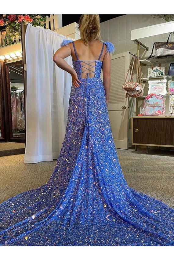 Online A-Line V-Neck Sleeveless Long Court Train Velvet Sequin Prom Dress with High Slit UK