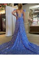 Online A-Line V-Neck Sleeveless Long Court Train Velvet Sequin Prom Dress with High Slit UK