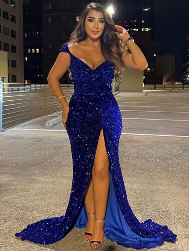 Online V-Neck Sleeveless Long Sweep Train Velvet Sequin Prom Dress with Slit UK
