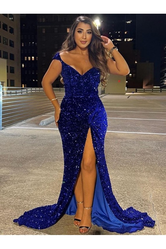 Online V-Neck Sleeveless Long Sweep Train Velvet Sequin Prom Dress with Slit UK