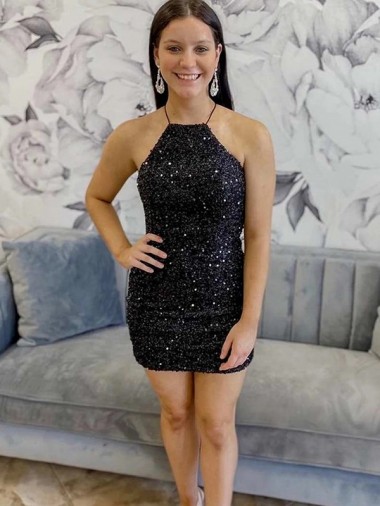 Online Halter Sleeveless Short Velvet Sequin Prom Dress UK
