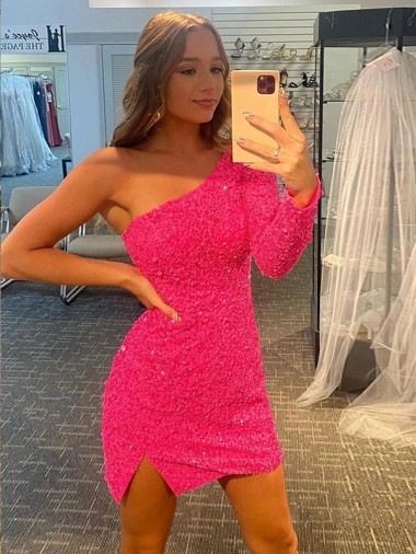 Online Short Velvet Sequin One Shoulder Long Sleeves Prom Dress UK