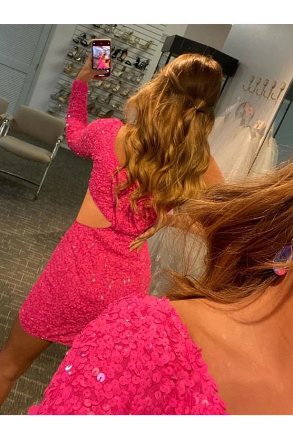 Online One Shoulder Long Sleeves Short Velvet Sequin Prom Dress UK