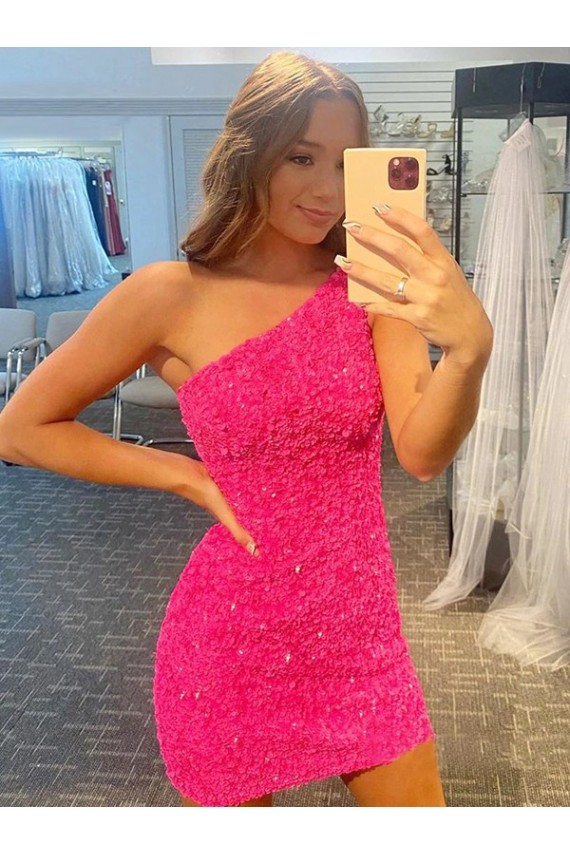 Online Short One Shoulder Sleeveless Velvet Sequin Prom Dress UK