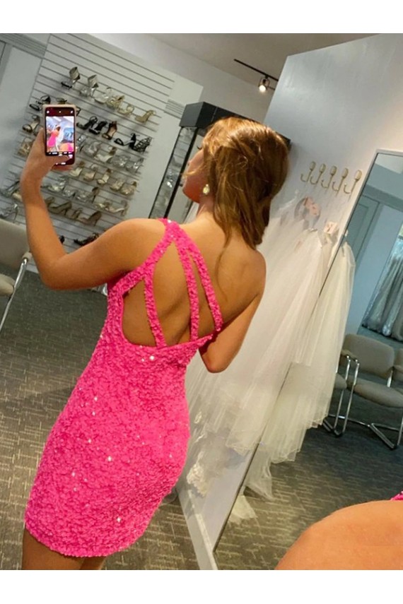 Online Short One Shoulder Sleeveless Velvet Sequin Prom Dress UK