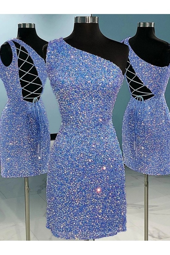 Online Short Velvet Sequin One Shoulder Sleeveless Prom Dress UK